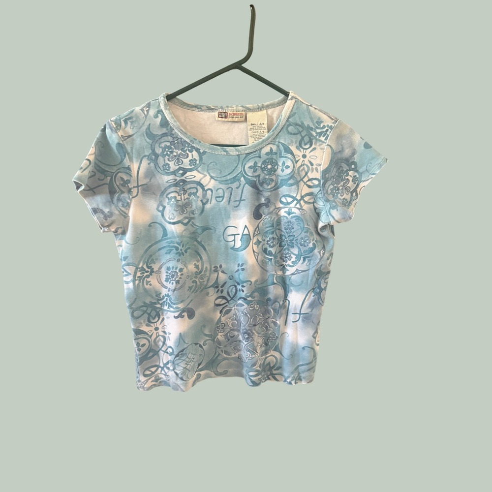 Faded Glory Vintage Y2k Blue Tie Dye Damask Baby Tee Small Short Sleeve Y2K Top